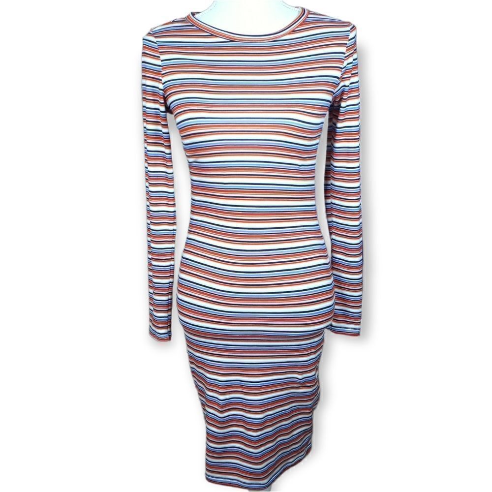 FOREVER 21 ORANGE & BLUE MULTICOLOR STRIPE LONG SLEEVE BODYCON DRESS SZ.S EUC